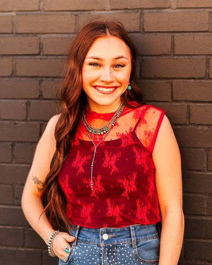 red mesh sleevless top
