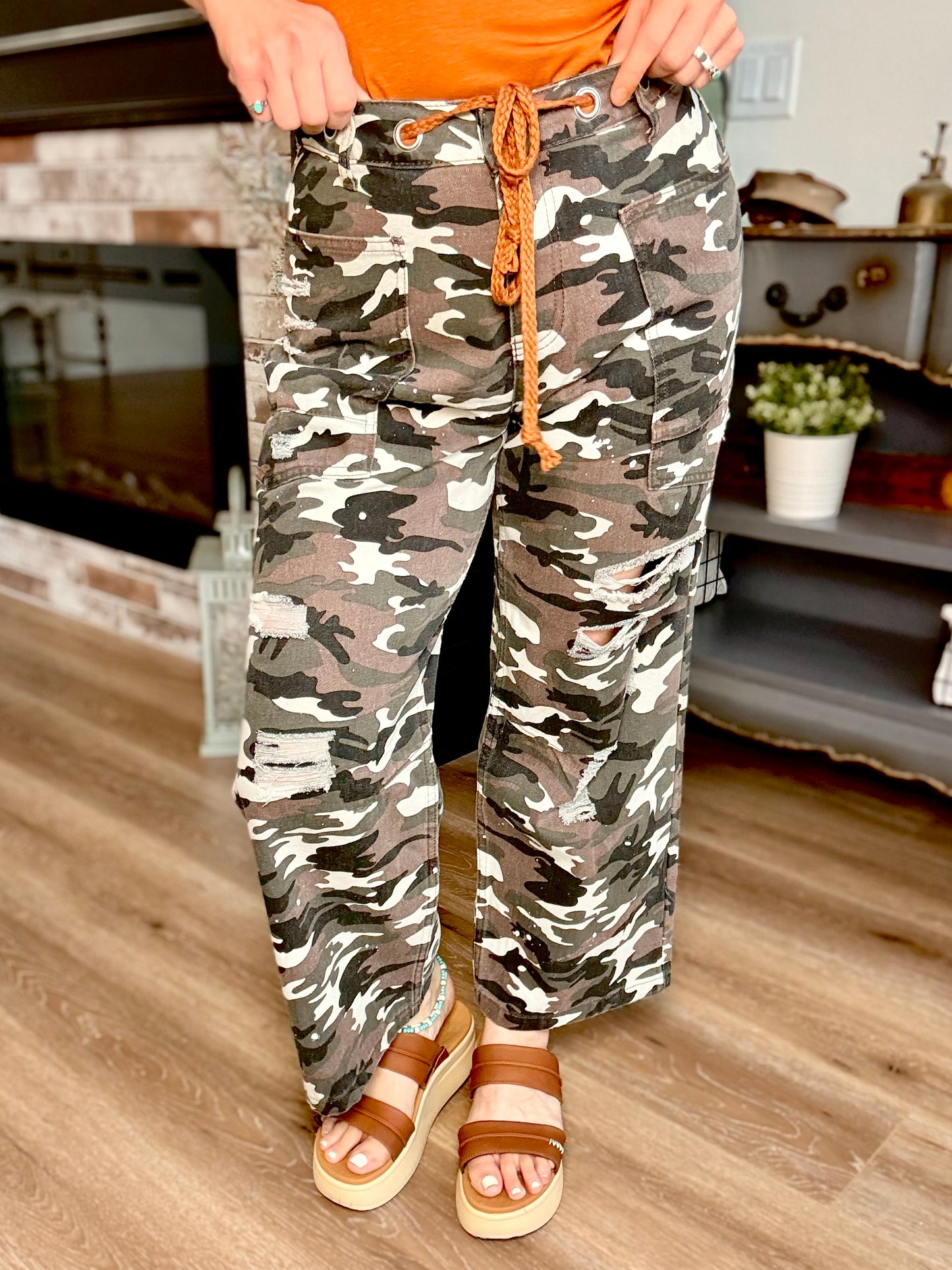 Camo Braided Tie Waist Camo Pant