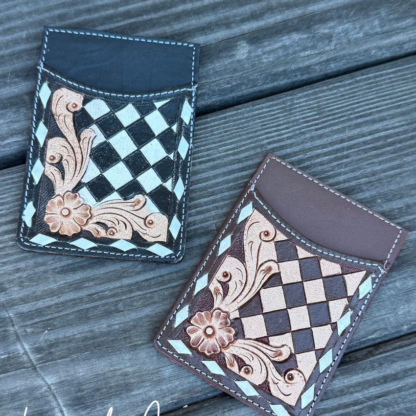 Checkered Leather Credit Card Holder