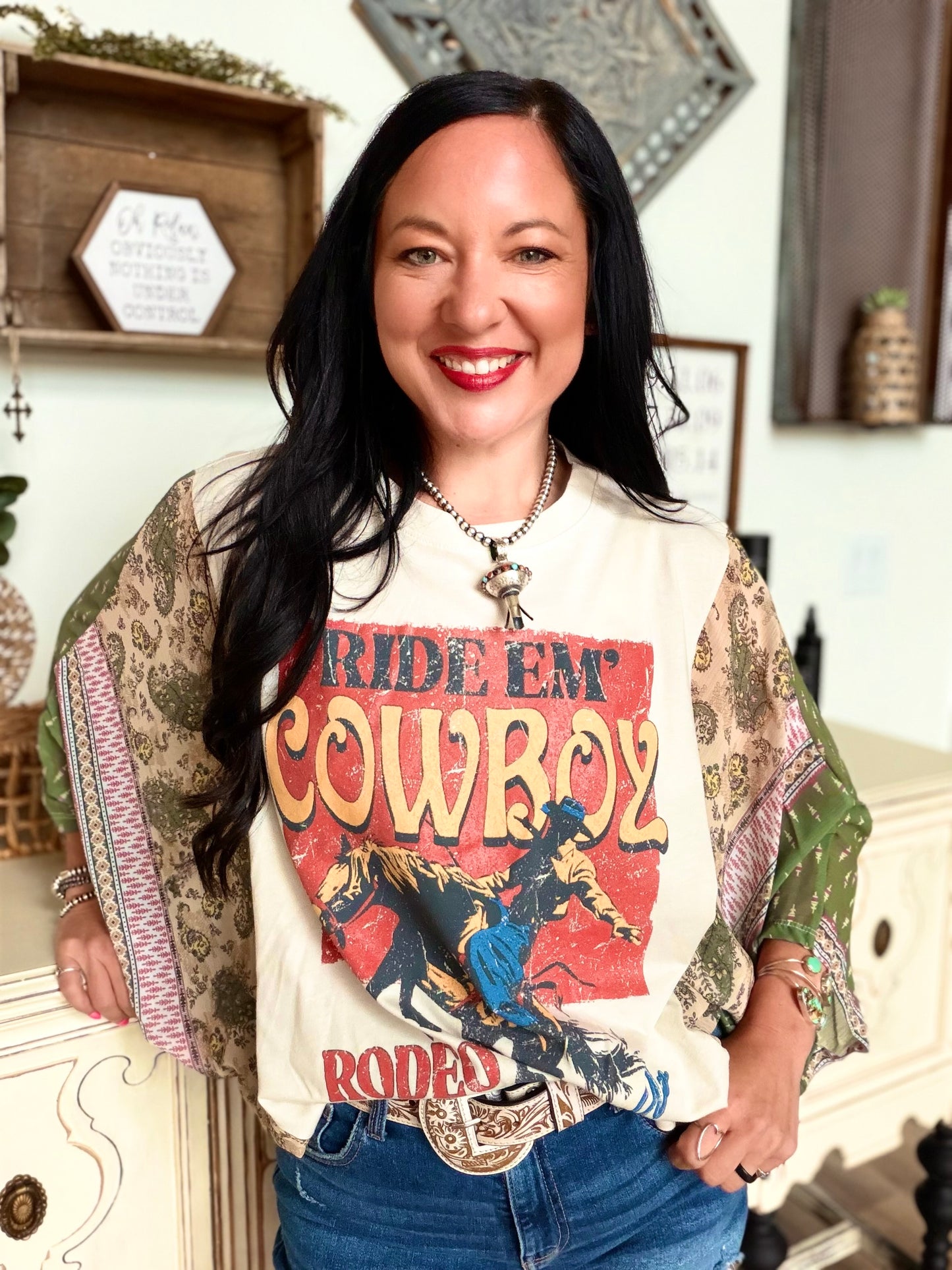 Ride Em' Cowboys Western Kantha in Green Top
