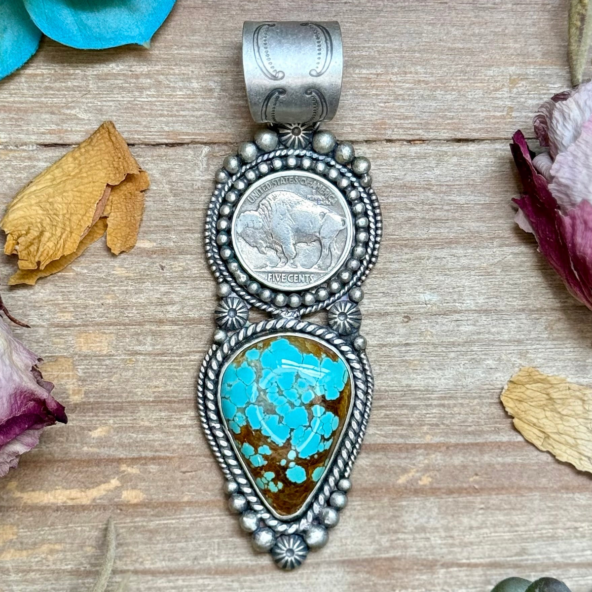 72 - Sterling Silver Mine #8 Turquoise & Buffalo Nickel Pendant by Shay Pfeiffer