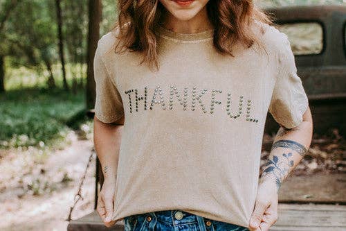 Thankful retro studded Thanksgiving Shirt in Tan Mineral Wash