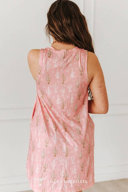 Pink Cactus Printed Sleeveless Side Pocket Dress