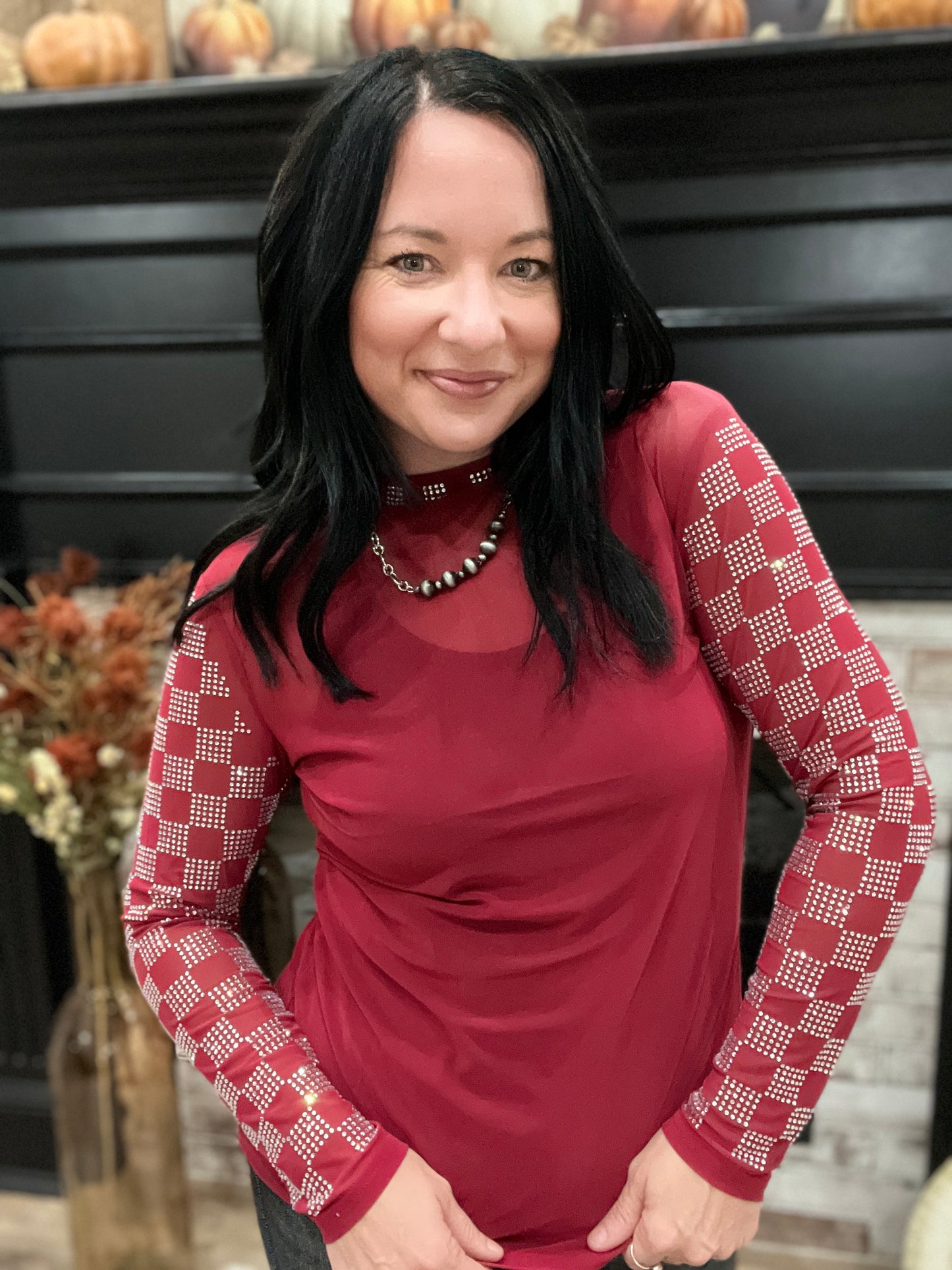 Checked In Maroon Mesh Top