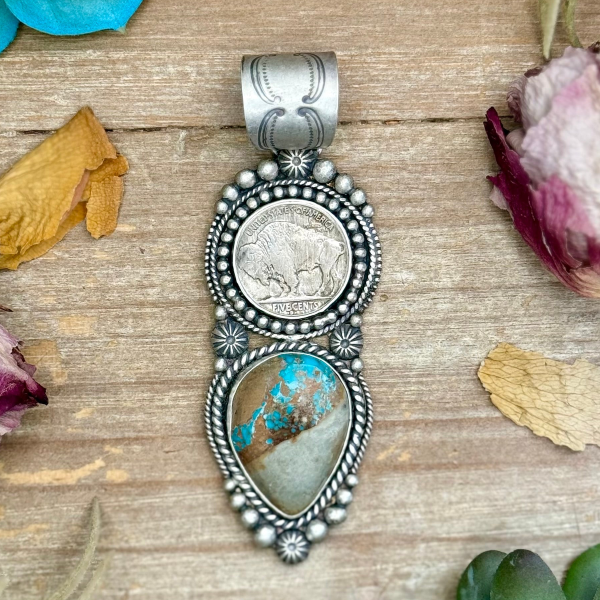 71 - Sterling Silver Easter Blue Turquoise & Buffalo Nickel Pendant by Shay Pfeiffer
