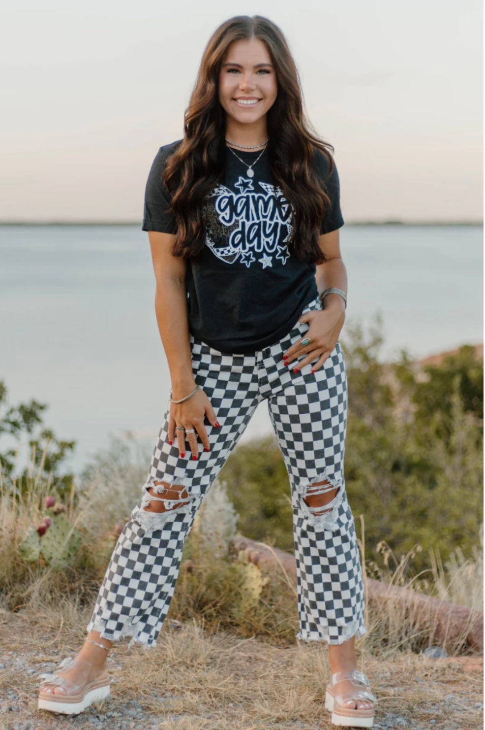 Checkered Print Distressed Cropped Jeans