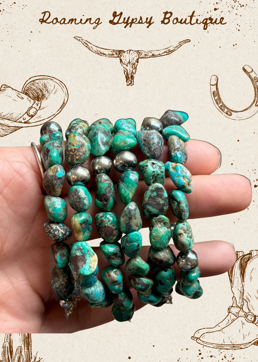 Turquoise Nugget Bracelet with Sterling Silver Pearls – 7” + Extender
