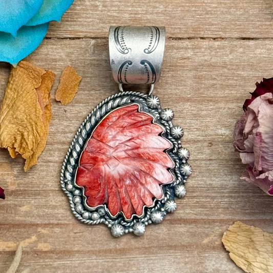83 - Sterling Silver Red Spiny Oyster Chief Head Pendant by Shay Pfeiffer