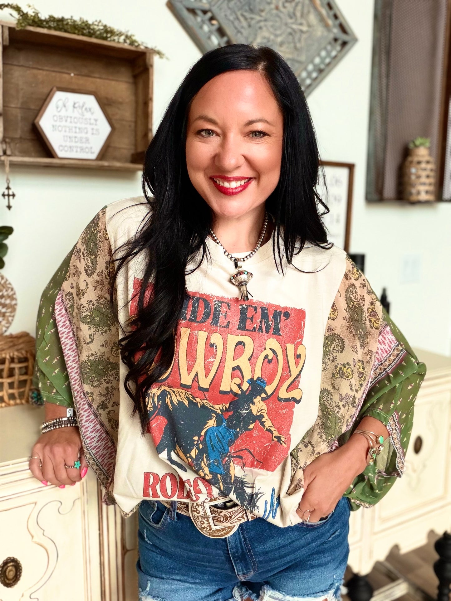 Ride Em' Cowboys Western Kantha in Green Top