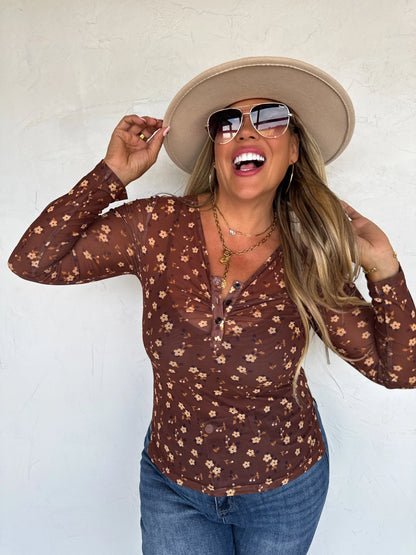 Sheer Floral V Neck Mesh Shirt