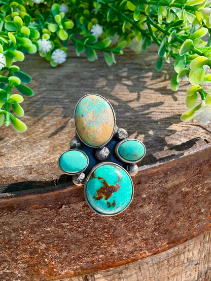 Multi Kingman Turquoise Circle Stone Adjustable Ring