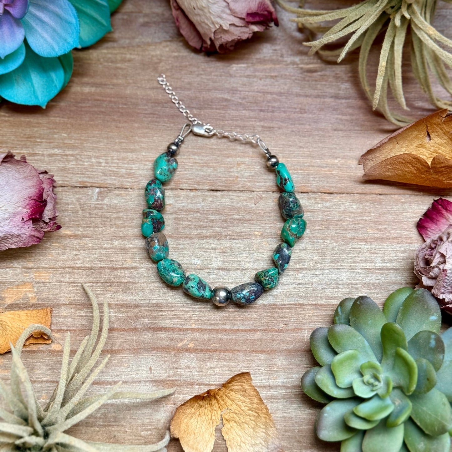 Turquoise Nugget Bracelet with Sterling Silver Pearls – 7” + Extender