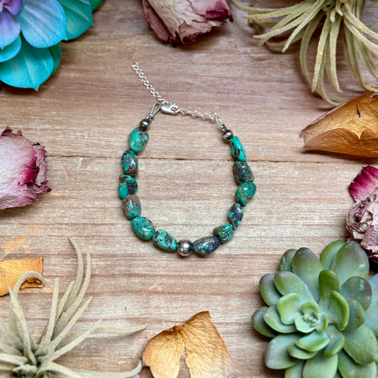 Turquoise Nugget Bracelet with Sterling Silver Pearls – 7” + Extender