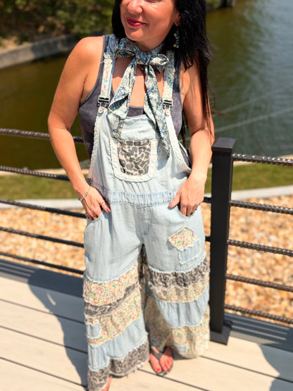 Boho Patchy Denim Overalls