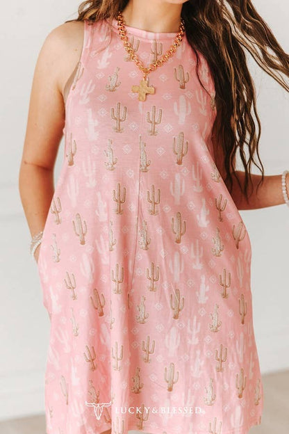 Pink Cactus Printed Sleeveless Side Pocket Dress
