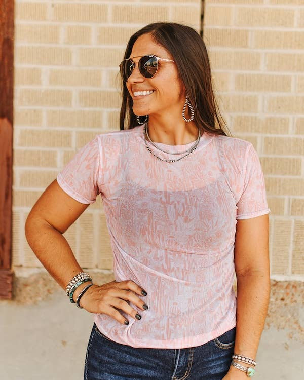 pINK wESTERN cACTUS mESH sHIRT
