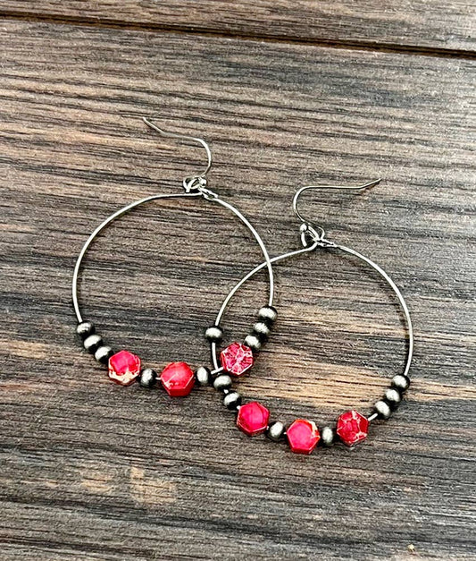 Hexa Red Gem Hoop Earrings