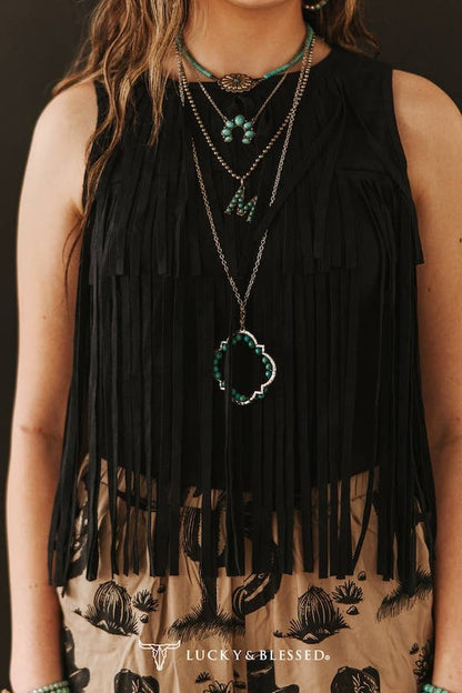 Black Stretch Suede Fringe Tier Sleeveless Top