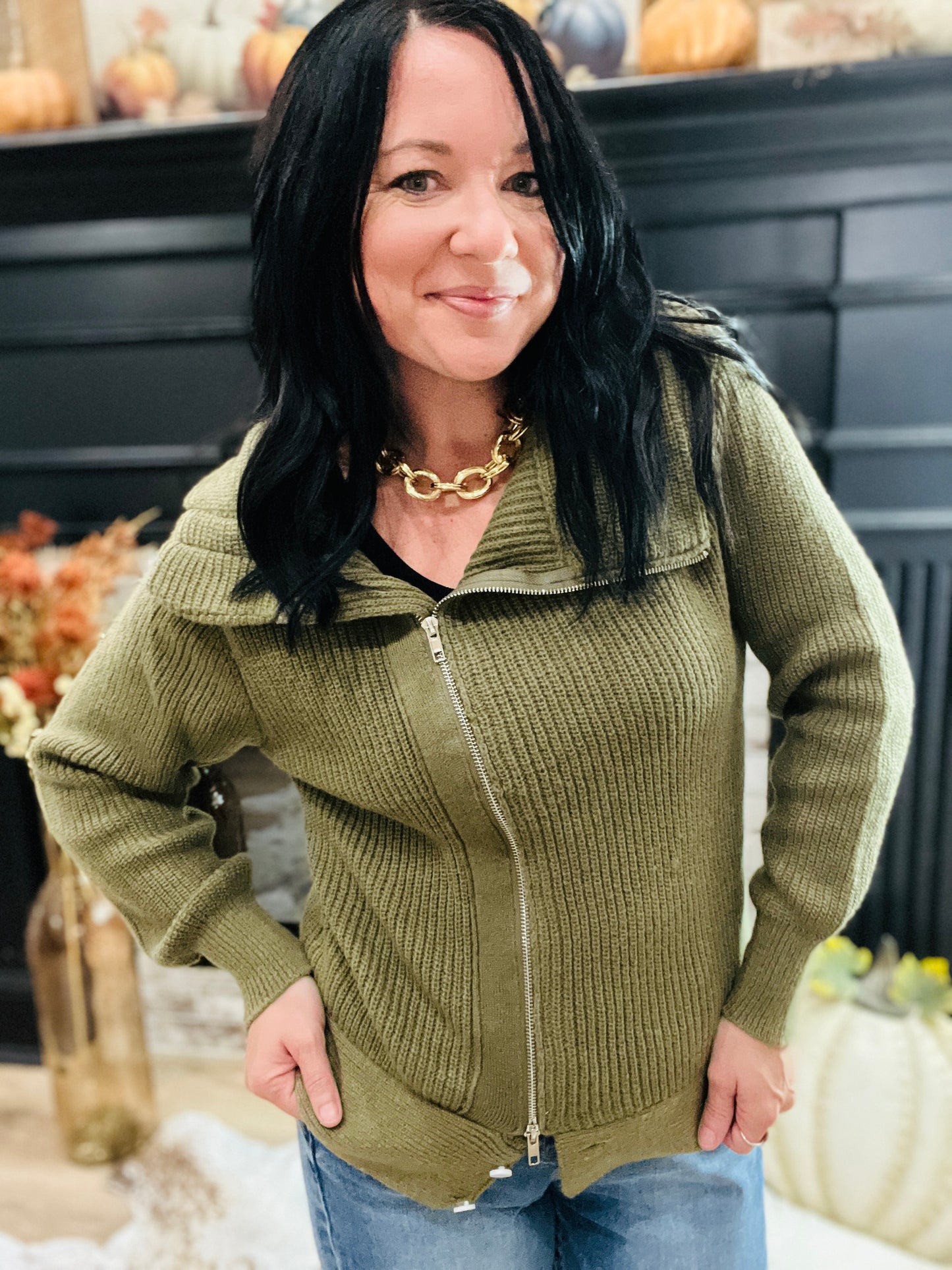 BiBi Front Zip Up High Neckline Sweater Jacket