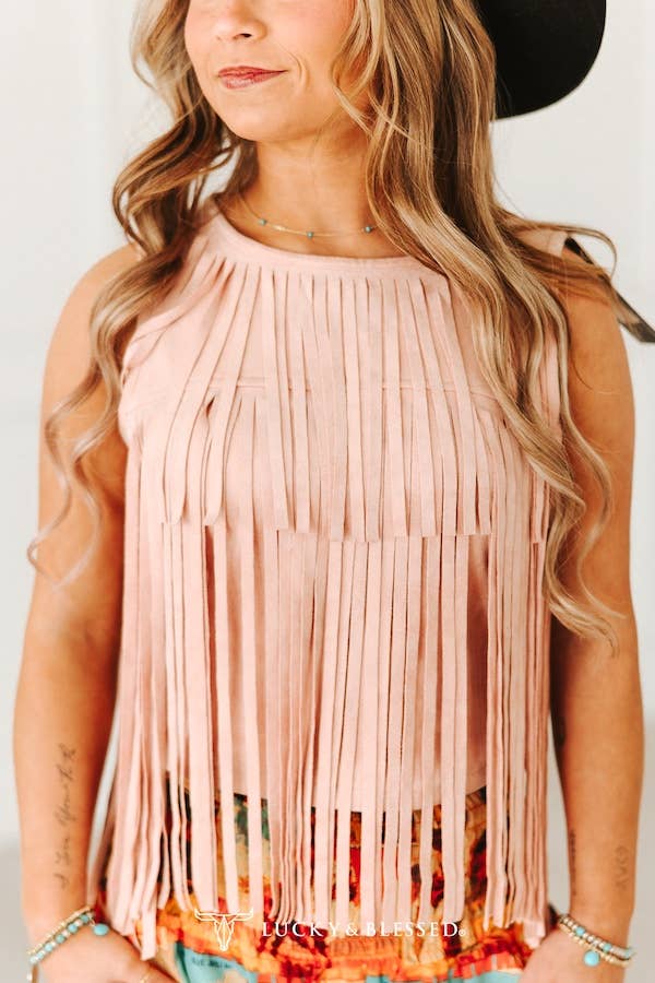 Soft Pink Stretch Suede Fringe Tier Sleeveless Top