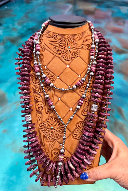 Purple Spiny Oyster & Silver Stacker Necklace Sets