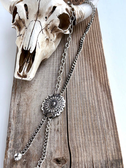 Western Concho Pendant Y Drop Chunky Chain Bolo Necklace