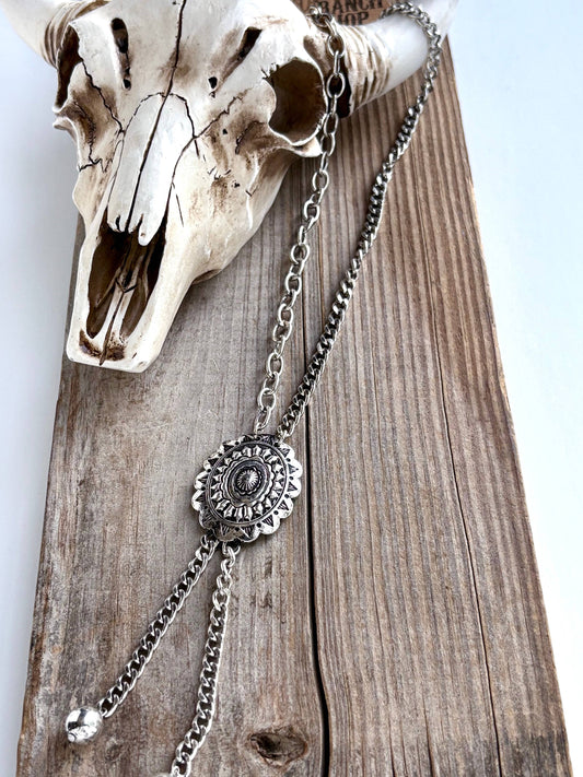 Western Concho Pendant Y Drop Chunky Chain Bolo Necklace