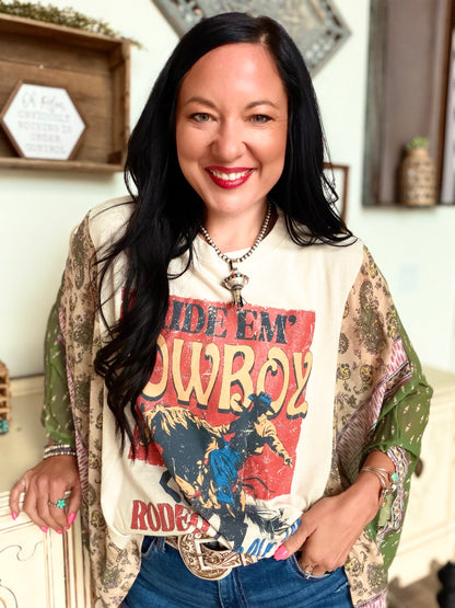 Ride Em' Cowboys Western Kantha in Green Top