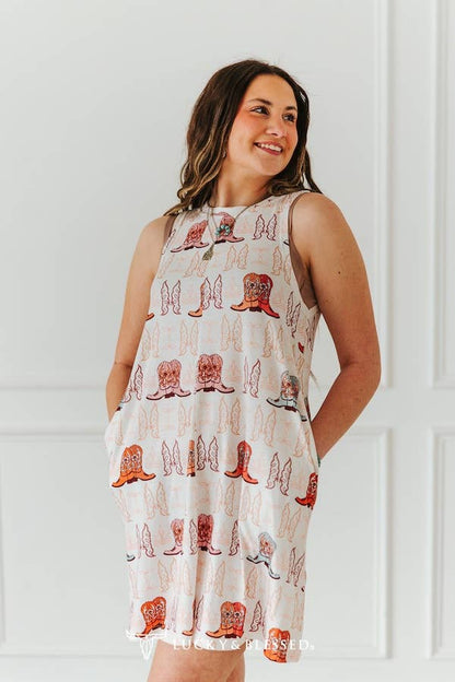 Western Boots Printed Sleeveless Side Pocket Dress