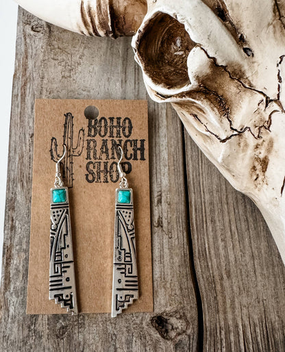 Western Aztec Pattern Turquoise Stone Post Earrings