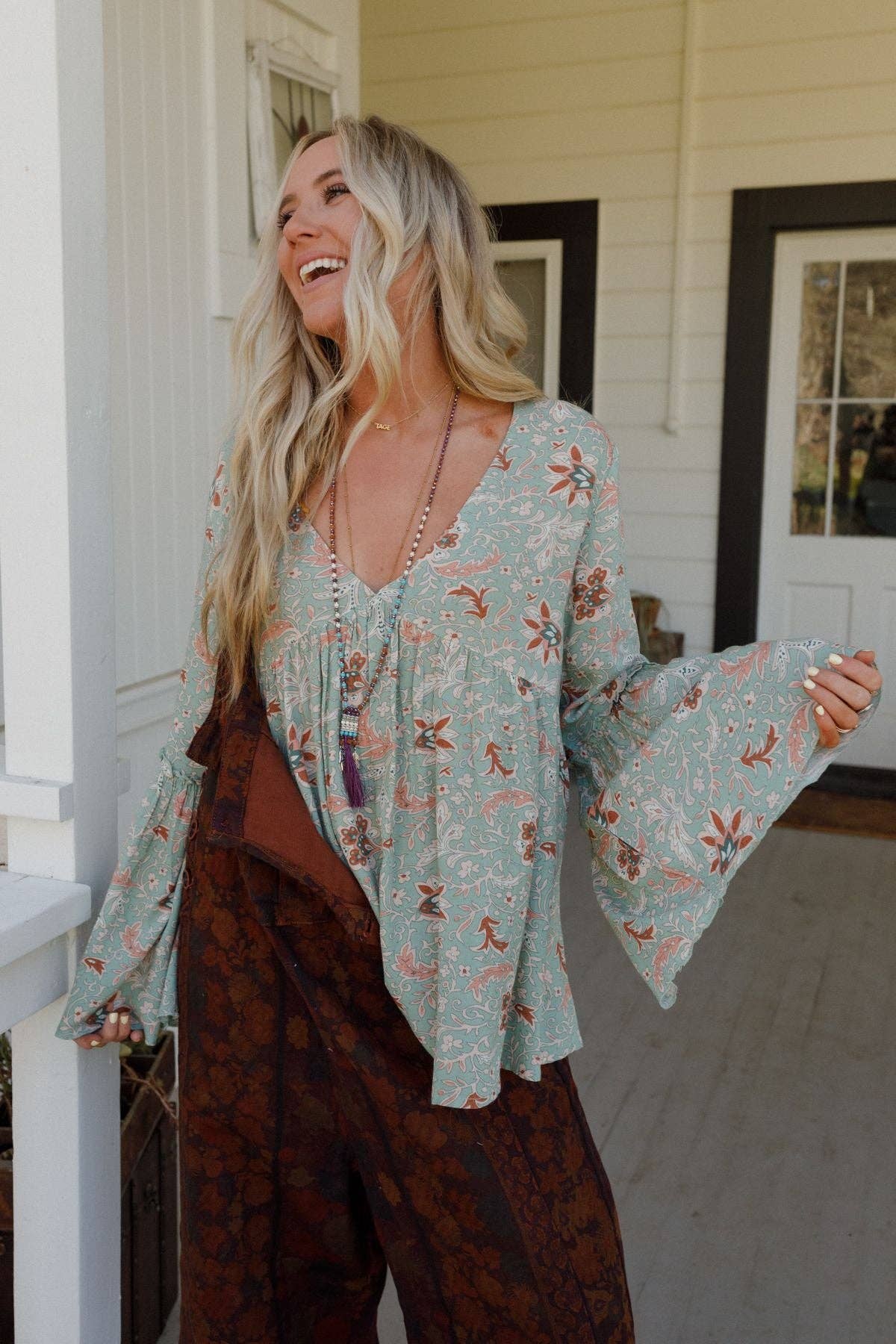 Brea Mixed Print Top - Sage Floral Print