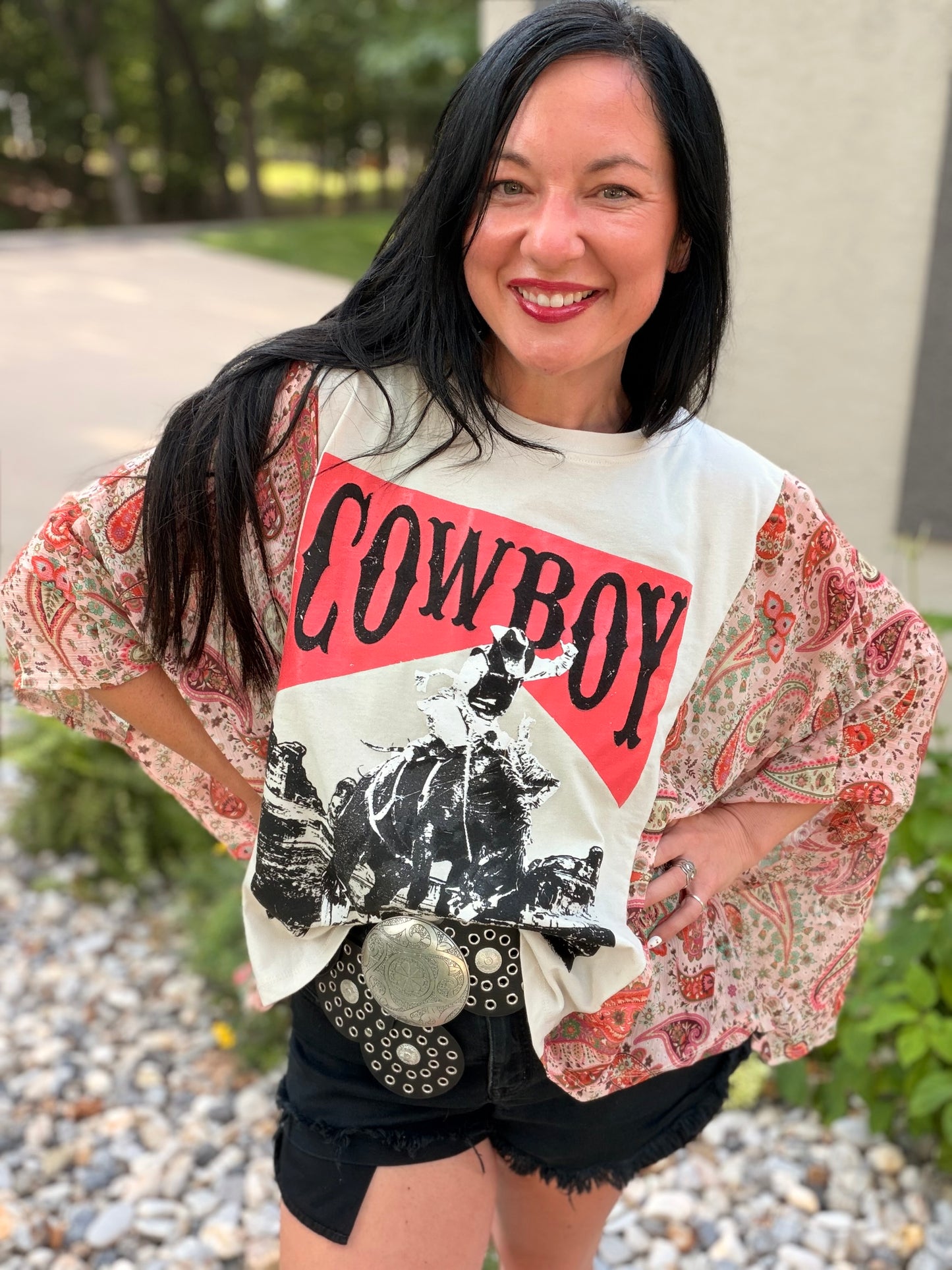 Cowboy Graphic Rustic Sheer Sleeves Kaftan Top