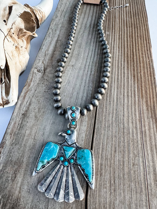 Western Pearl Turquoise Thunderbird Necklace