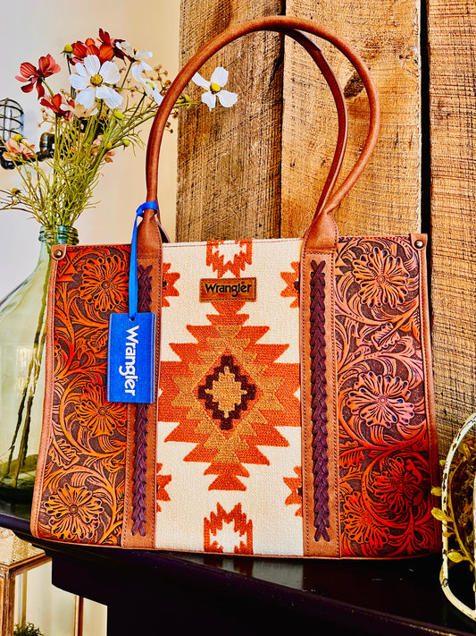 Wrangler Vintage Tooled Aztec Pattern Print Concealed Carry Large Tote -Brown