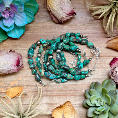 Turquoise Nugget Bracelet with Sterling Silver Pearls – 7” + Extender
