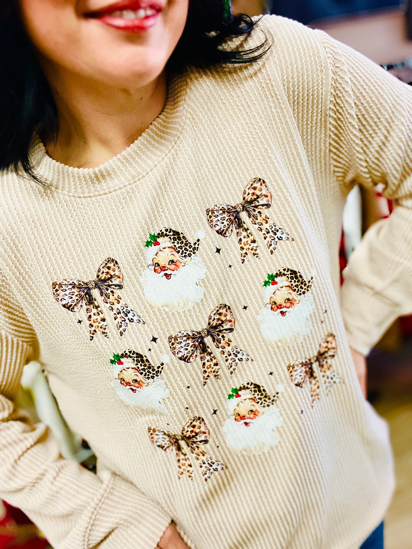 Ribbed Leopard Santa Collage Top