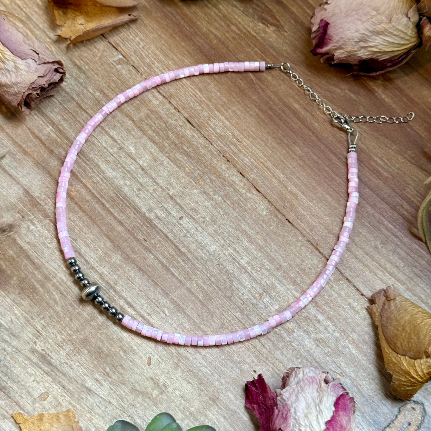 Pink Shell Heishi Necklace  – 15"