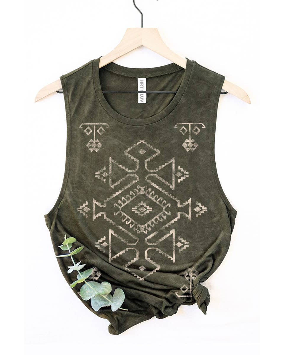 olive mineral washed aztec print tank top - western boho