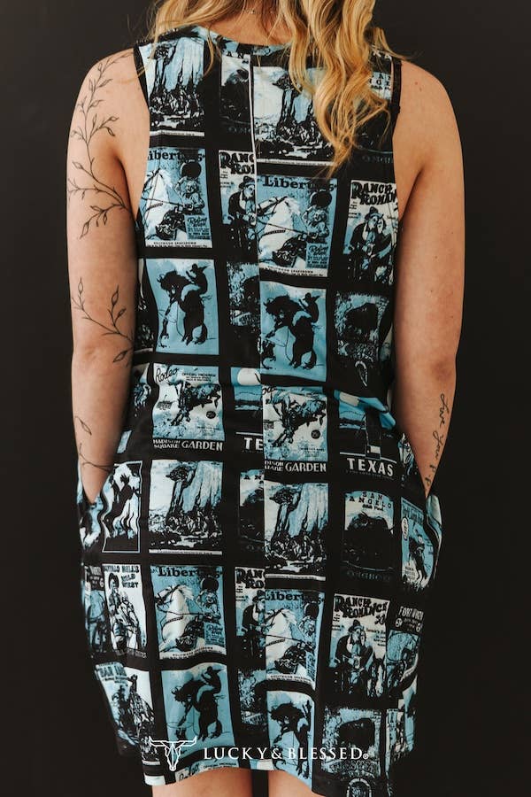 Plus Black Turquoise Printed Sleeveless Side Pocket Dress