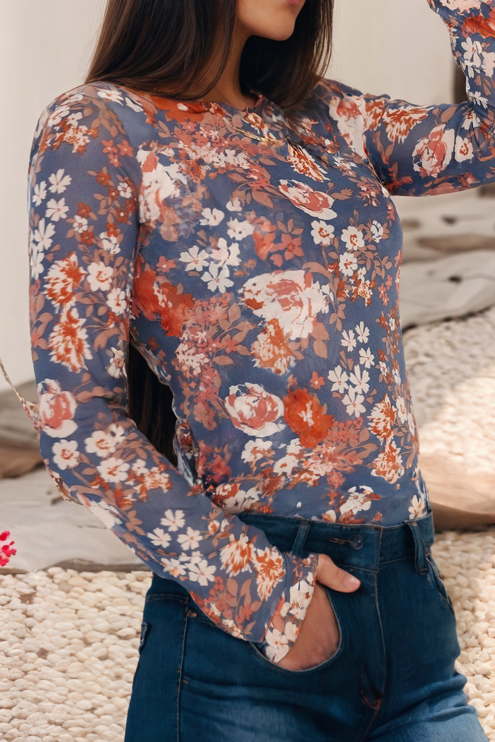 Blue Floral Print Mesh Top