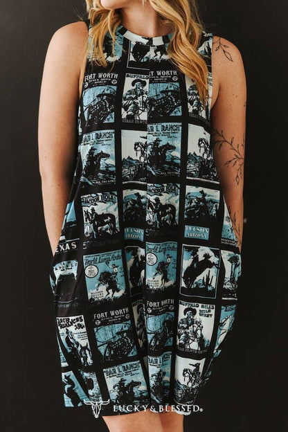 Plus Black Turquoise Printed Sleeveless Side Pocket Dress