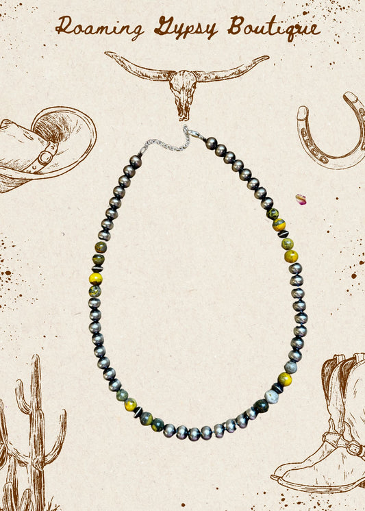 18 inch 8 mm Sterling Silver Pearls necklace and bumblebee jasper beads