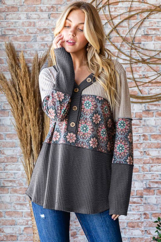 waffle floral long sleeve shirt with wood buttons