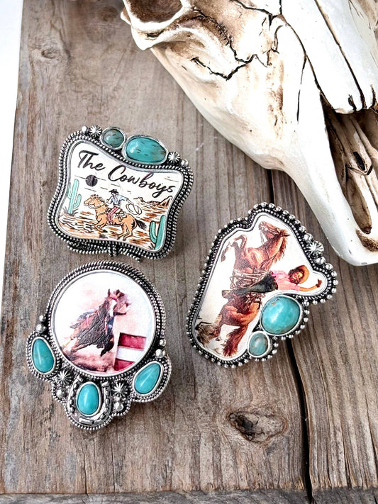 Rodeo Printed Turquoise Stone Statement Stretch Ring