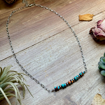 Mojave Turquoise, Spiny Oyster & Sterling Silver Pearl Paperclip Necklace