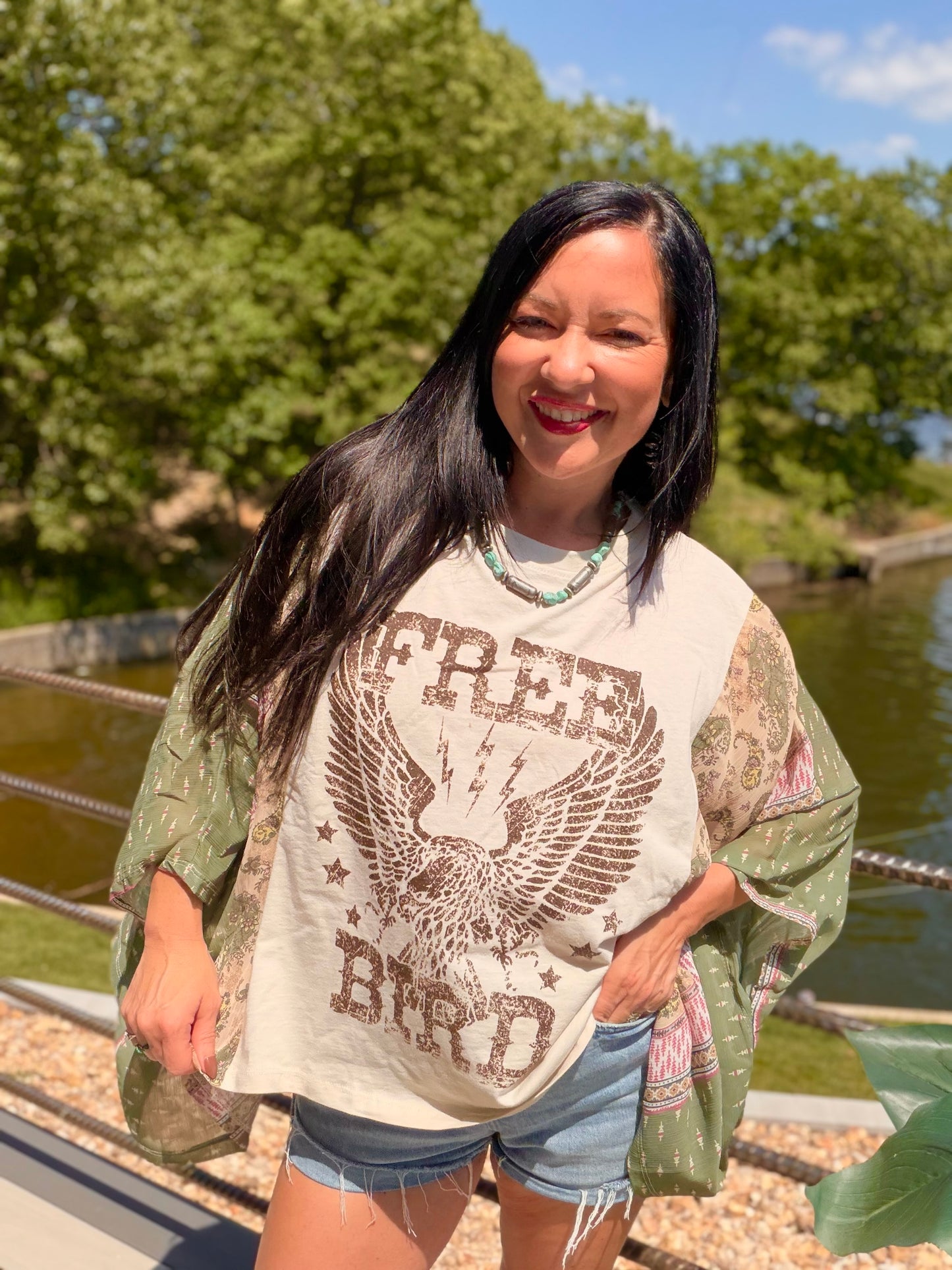 Free Bird Vintage Graphic Sheer Kaftan Top