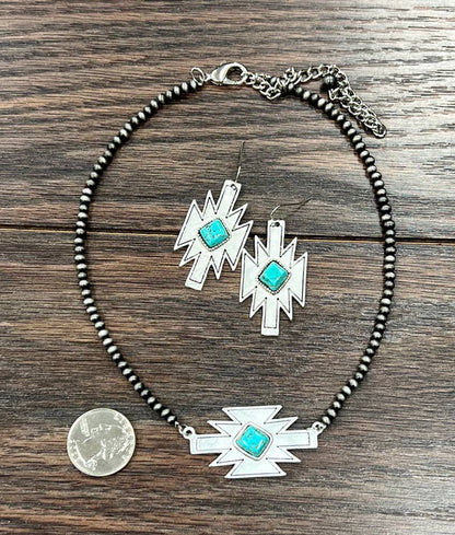 16" Aztec Turquoise Necklace Earrings Set