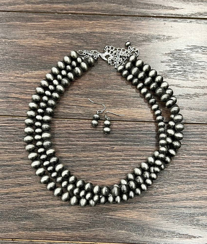 18" 3-strand Western Pearl Necklace Earrings Set