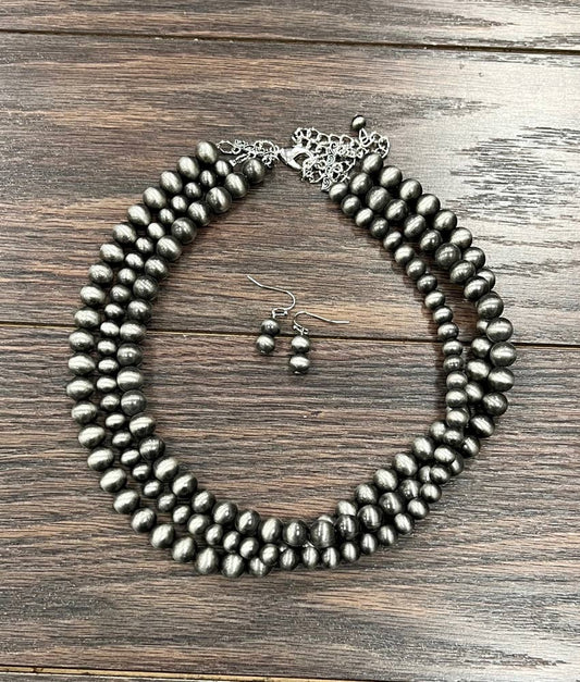 18" 3-strand Western Pearl Necklace Earrings Set