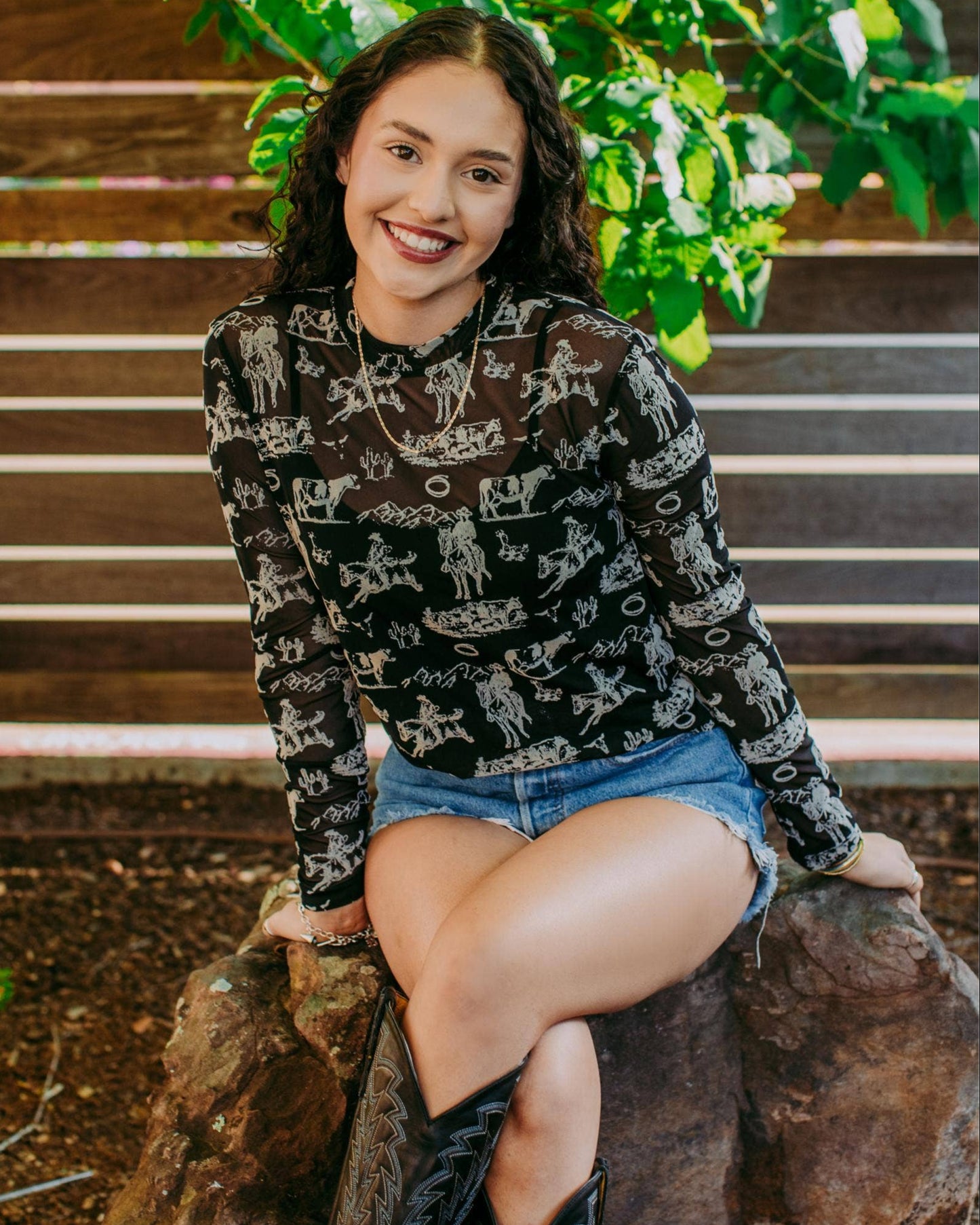 western print black and cream mesh top